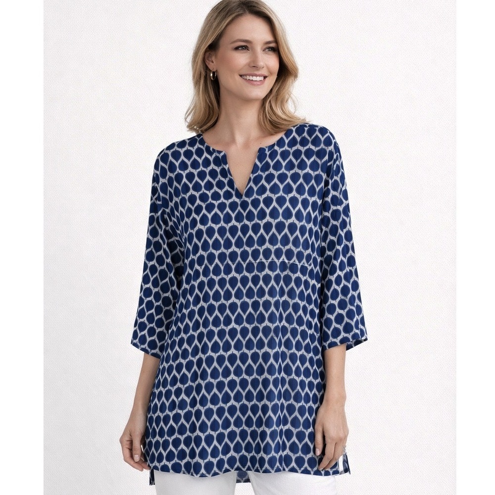 Dolma Women's Blue White Leaf Print Cotton Tunic Top Split V-Neck 3/4 Sleeve M
